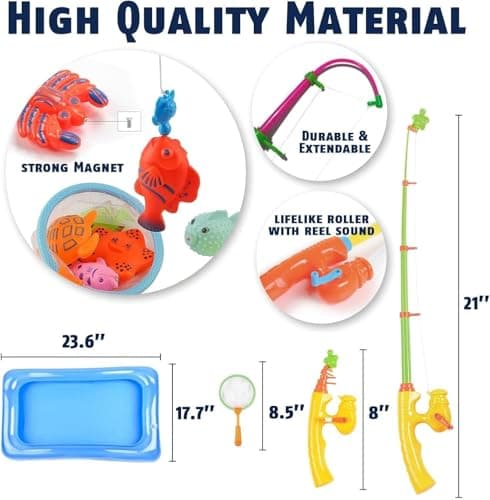 CozyBomB™ Magnetic Fishing Toys Game Set for Kids | Water Table Bathtub Kiddie Pool Party Pole Rod Net, Outdoor Plastic Floating Fish, Toddler Bath Color Ocean Sea Animals Birthday Gift Age 3-5 6 4-8 - Thumbnail 3