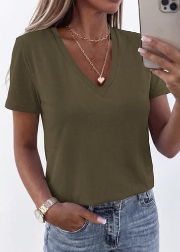 KIRUNDO V Neck T Shirts for Women Summer Tops Oversized Spring Short Sleeve Casual Basic Tees Tunic Blouse Fashion Clothing(Army Green, XX-Large) - Thumbnail 2