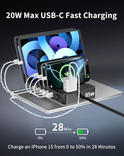 85W Charging Station for Multiple Devices,7 Port USB Charger Stations with 2 AC, 2 USB C, 3 USB A,Family Multi-Device Organizer Charging Dock -Designed for iPhone iPad Android Cell Phone Tablet,Black - Thumbnail 2