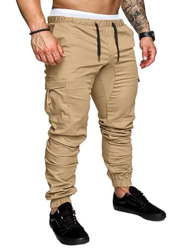 JMIERR Men's Fashion Cargo Pants - Casual Cotton Tapered Stretch Twill Chino Athletic Joggers Sweatpants Lightweight Drawstring Workout Trousers Travel Pants with Pockets for Men, US 34(M), A Khaki 3 - Image 1