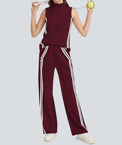 Casly Lamiit Womens Lounge Set 2 piece Lounge Travel Outfits Trendy Casual Tracksuit Mock Neck Tops Wide Leg Jogging Pants Activewear Ancora Red S - Thumbnail 2