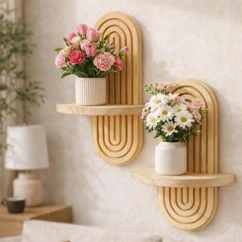 Natural Solid Wood Arched Wall Mount Shelf, Floating Decor Display Shelving for Succulents, Mini Plants, Home Decor & Bathroom Small Ornaments (Natural, 11.8" X 7.8") - Thumbnail 5