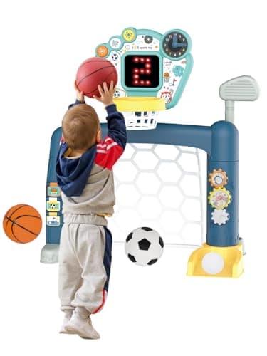 3 in 1 Toddler Basketball Hoop, Soccer Goal for Toddlers 1-3 indoor & outdoor , adjustable basketball hoop for kids, LED Scoreboard, Music & Educational Games for 18+M Boy Girl, Kids Sports Toys
