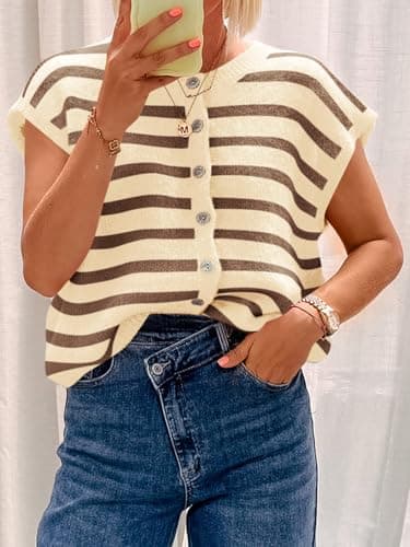 Cicy Bell Womens Striped Cap Sleeve Sweater Vest Crew Neck Button Down Cardigan Cute Knit Tops Beige - Thumbnail 3