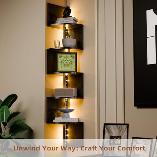 HAAYOT Corner Shelf Wall Mounted: 5-Tier Floating Shelves with Lights for Living Room, Bedroom, Home Office, Black - Thumbnail 6