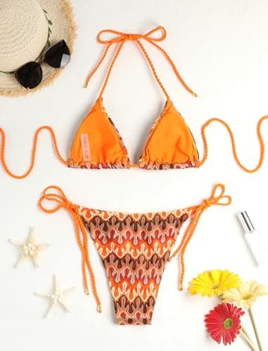 ZAFUL 2 Piece Triangle Bikini for Women Knitted Rope Halter Bikini Sets Sexy Bathing Suit Side Tie Swimsuits Beachwear Boho Orange S - Thumbnail 2