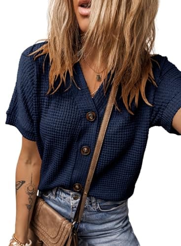 Dokotoo Women's Waffle Knit Shacket Short Sleeve Button Down Shirts Boyfriend V Neck Loose Fit Cropped Cardigan Hoodies Lightweight Solid Basic Blue Blouses for Women Small - Image 1
