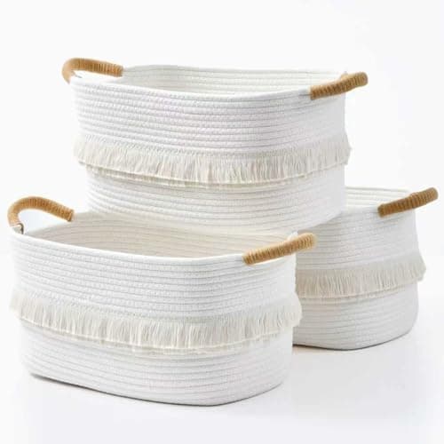 BUBUSUN Woven Baskets, 3-Pack Storage Basket for Living Room, Bedroom, Nursery, Stylish Gift Basket with Handles, Cotton Rope Basket for Toys and Shelves, Multi-Purpose Organizer, White
