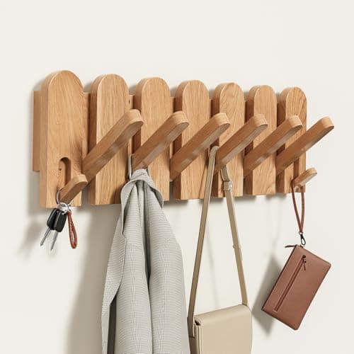 Solid Walnut Coat Rack Wall Mount, 16.5" Wood Wall Mounted Coat Rack with 8 Retractable Hangers,Heavy Duty Wooden Coat Hooks for Hanging Coats,Hats,Robe,Towels,Bags,Key Holder for Entryway,Natural - Image 1