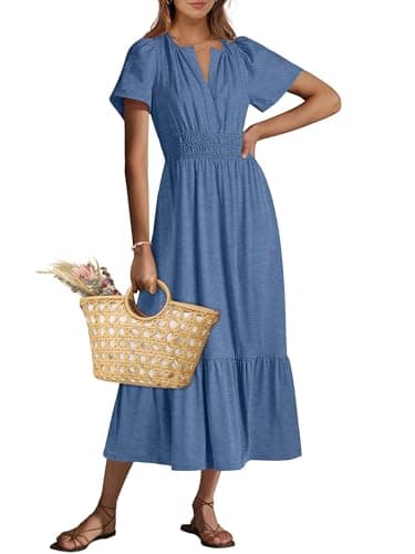 ANRABESS Women's Summer Short Sleeve Maxi Dress 2026 Casual V Neck High Waist A-Line Flowy Loose Tiered Boho Long Dresses Dark Blue Small - Image 1