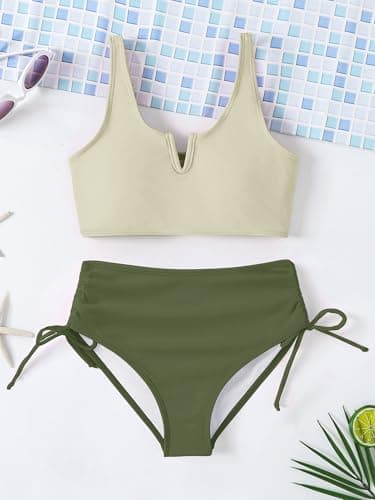 AMAWMW Girl's 2 Piece Swimsuit Solid Spaghetti Strap Bikini Sets V-Neck Cutout Bathing Suit Swimwear with Chest Pad, Green, 15-16 Years - Thumbnail 6