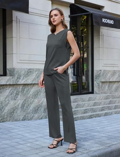 difficort Womens 2 Piece Outfits Round Neck Vest Sleeveless Tops Straight Leg Pants Matching Outfits,Dark Grey,Large - Thumbnail 6