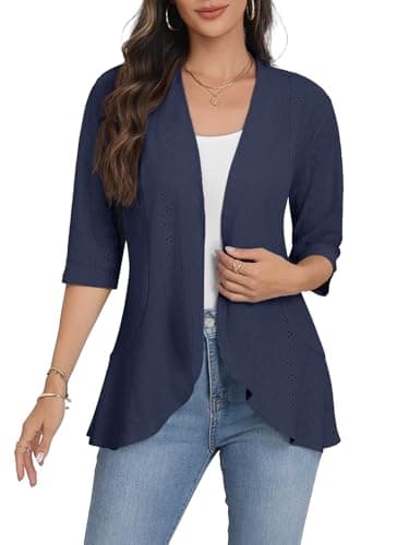 Askyes Women's Open Front Cardigan Plus Size 2026 Summer 3/4 Sleeve Draped Ruffles Eyelet Knit Beach Cardigan,Deep Blue,2XL - Image 1