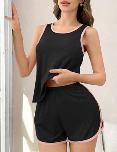 JUSTFASHIONNOW Women's 2-Piece Contrast Trim Pajama Set - Casual Tank Top & Shorts, Soft Ribbed Loungewear(Black Medium) - Thumbnail 3
