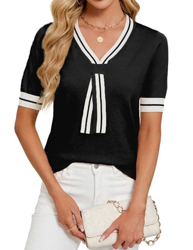 Libsorge Womens Lightweight Cute Bow Tie Sweater Spring Summer 2026 Trendy Dressy Business Casual Outfits Sexy V Neck Thin Short Sleeve Color Block Striped T Shirt Tops Black M - Image 1