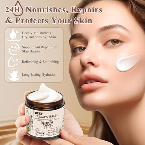 WEAUUP Beef Tallow for Skin, Organic Grass Fed Whipped Beef Tallow Balm, Tallow and Honey Balm with Raw Honey and Beeswax, Nourishing Moisturizer for Face & Body Natural Skin Care for Soft - Thumbnail 3