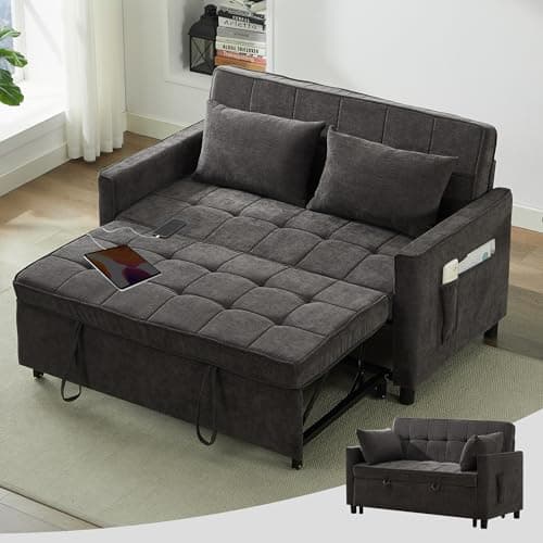 Tbfit 57" Convertible Sofa Bed, Chenille Futon Sleeper Sofa Couch with Pullout Bed, USB & Adjustable Backrest, Full Size Pull Out Loveseat Couches for Living Room, Apartment, Office, Dorm, Dark Grey - Image 1