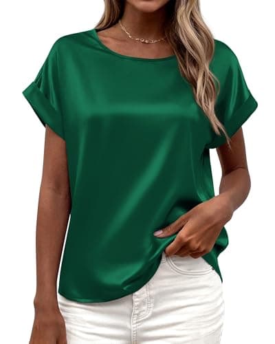 BTFBM Womens Summer Tops Satin Blouses Dressy Casual Loose Crewneck Short Sleeve Shirts 2026 Work Business Outfits(Green, Large) - Image 1