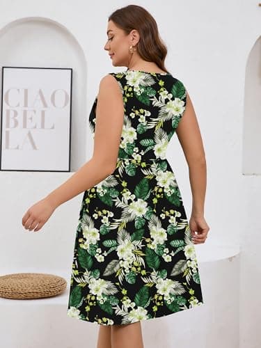 AusLook Plus Size Women Summer Dress Sleeveless V Neck Casual Cute Loose Sundress Black Yellow Lily 3X Comfy Swing Button Down Midi Work Flowy Tunic Ladies Beach Vacation Teacher Dresses with Pockets - Thumbnail 2
