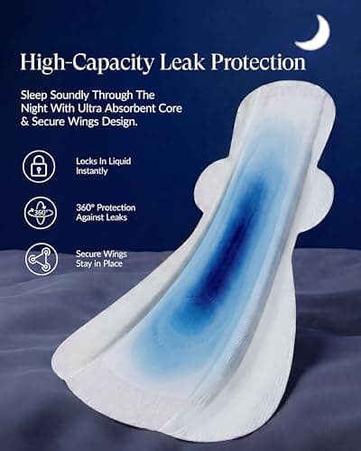 100% Organic Super Long Overnight Pads with Wings, Extra Heavy Sanitary Pad for Women Ultimate Absorbency, Ultra Thin Extra Coverage Cotton Period Menstrual Pads (Extra Long Overnight, Size 6, 30ct) - Thumbnail 4