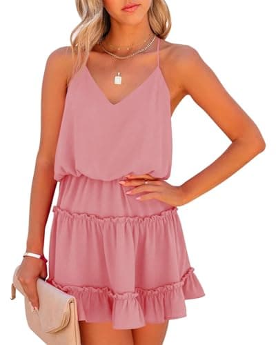 Newffr Womens V Neck Summer Mini Dress Sleeveless Ruffle Spaghetti Strap Racerback Flowy Beach Vacation Sundresses Pink - Image 1