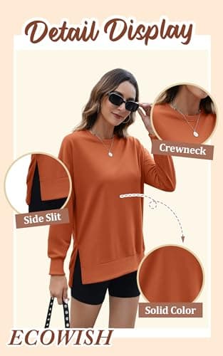 ECOWISH Women Side Split Sweatshirt: Fall Crewneck Long Sleeve Oversized Camo Shirts Casual Camouflage Print Pullover Tops 409 Orange Brown M - Thumbnail 5