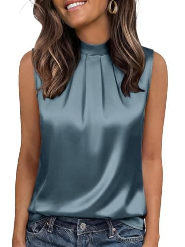 Funlingo Womens Tank Tops Silk Satin Sleeveless Camisole Dressy Casual Blouses Mock Neck Basic Shirts Beach Vacation Clothes Grey Blue S - Image 1