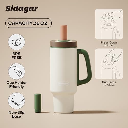 Sidagar Tumbler with Handle,36 oz Ceramic Lined Travel Mug Water Bottle with Straw,Vacuum Insulated Stainless Steel Cup with Lid,Fits Cup Holder, Leak Resistant Press-in Lid,White - Thumbnail 2
