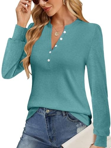 GKBK Women's Puff Long Sleeve Tunic V Neck Button Blouses Fall Tops Trendy Dressy Casual Business Henley Shirts Cyan L - Thumbnail 6
