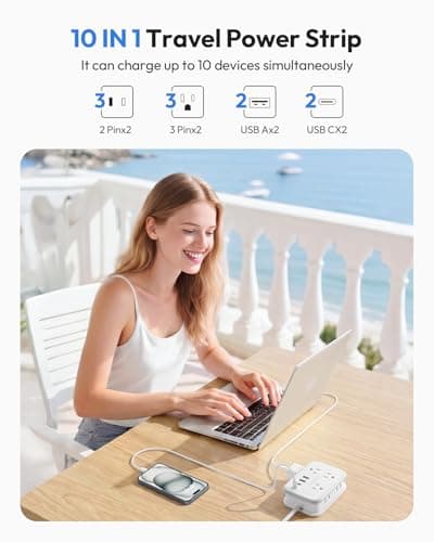 NTONPOWER 10 in 1 Travel Power Strip, 6 Outlets 4 USB Ports(2 USB C), 4ft Extension Cord Wrapped Around Small Power Strip, Compact for Travel, Hotel, Cruise Approved, White - Thumbnail 2