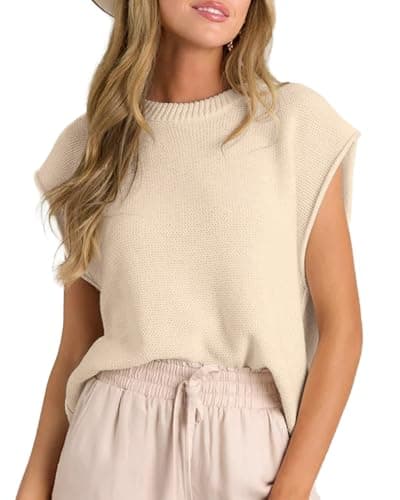 Neweek Sweater Vest for Women Crew Neck Cap Sleeve Knit Tops Ladies 2026 Trendy Summer Fall Business Casual Loose Fit Sleeveless Shirts, Apricot S - Image 1