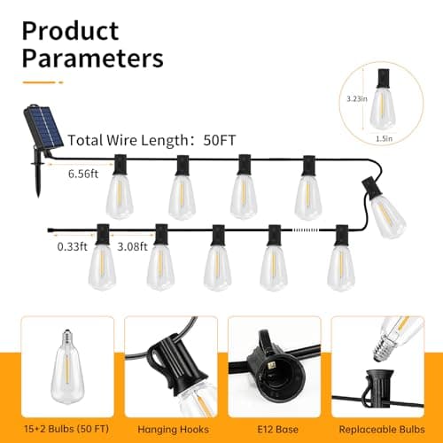 CRLIVOING 50FT Solar String Lights Outdoor Waterproof, 15+2 Shatterproof with Edison Bulbs,Solar Powered Outdoor Lights with Remote, LED String SolarLights for Garden, Backyard, Parties - Thumbnail 4