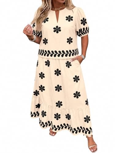 Beautife Womens Plus Size 2 Piece Skirt Sets Floral Puff Sleeve Tops A Line Maxi Dress Summer Matching Sets Vacation Outfits - Image 1