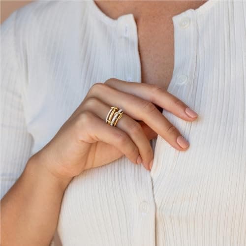 Fimhut Stackable Rings for Women Christmas Gift, 18K Gold Plated Cubic Zirconia Rings, Silver Gold Multi Ring Mixed Metals Stackable Ring Set for Women Hypoallergenic.Size 7 - Thumbnail 2