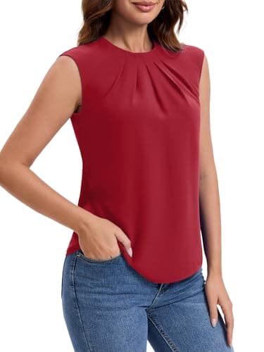 Funlingo Womens Summer Tops 2026 Dressy Casual Short Cap Sleeve Shirts Crew Neck Office Work Blouses Business Formal Outfits Red S - Thumbnail 4