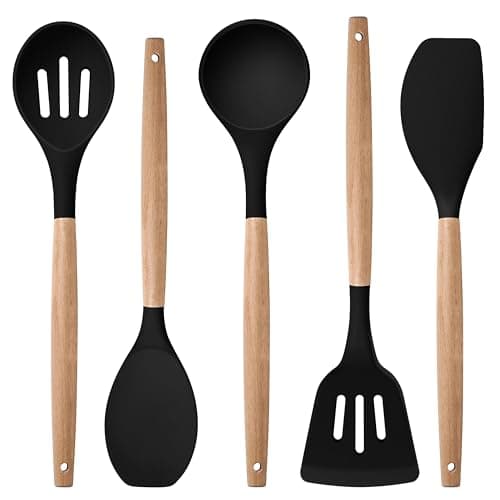 Herogo 5-Piece Cooking Utensils Set, Silicone Kitchen Utensils Set with Wooden Handle, Heat Resistant Cooking Tools Slotted Turner, Spoon, Soup Ladle, Spatula, Spoonula for Nonstick Cookware, Black - Image 1