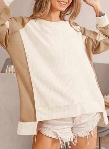 Dokotoo Womens Sweatshirt Oversized Waffle Knit Sweater Color Block Crewneck Sweatshirts for Women Long Sleeve High Low Casual Cozy Pullover Shirt Tops Fall Fashion Outfit Clothes 2024 White Small - Thumbnail 3
