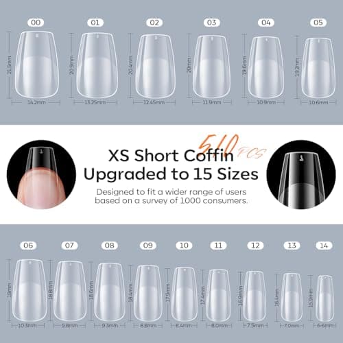 modelones X Nail Gel Kit Short Coffin,510Pcs Fake Nails 15Sizes, 9-in-One Glue Prep Dehydrator & Mini U V Light Clipper, Pre-shaped Half Matte Press on Short Coffin Tips for DIY Salon - Thumbnail 2