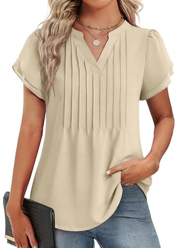 Funlingo Dressy Tops for Women Fashion 2026 Short Petal Sleeve Flowy Blouses Business Casual Office Shirt Loose Fitting Outfits Beige S - Image 1