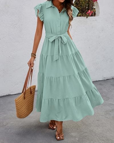 dowerme Women's Summer Casual Dresses 2026 Cap Ruffle Sleeve V Neck Button Belted Tiered Boho Maxi Dress with Pockets(Mint Green,Medium) - Thumbnail 2