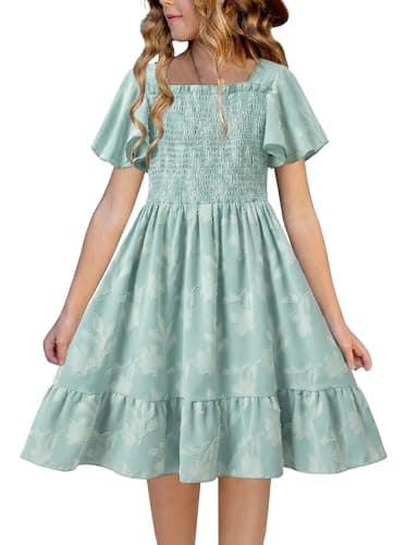 FREELYVE Tween Girls Summer Floral Dress Smocked Ruffle Sleeve Beach Party Boho Flowy Dresses with Pockets,Green,6-7Y - Image 1