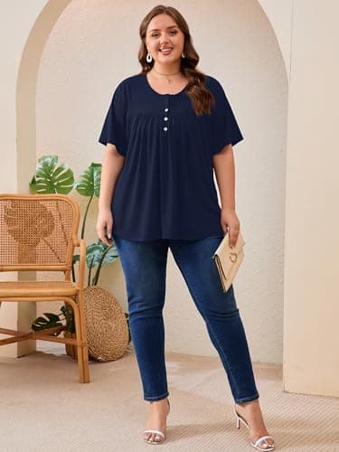 AusLook Plus Size Tunic Tops for Women Pleated Babydoll Blouse Short Sleeve Round Neck Loose Fit Casual Flowy Navy Blue 3X Tunic Shirts Summer Tops to Wear with Leggings - Thumbnail 5