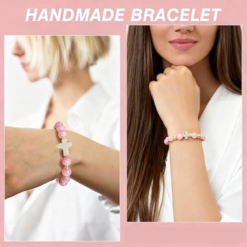 8MM Rose Quartz Bracelet with 18K Gold Beads & Cross - Attract Love, Enhance Harmony & Self - Worth, Handmade Healing Jewelry - Thumbnail 2