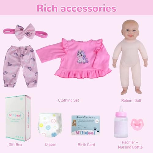 Milidool Reborn Baby Doll Girl, 17 inch Realistic Soft Body Baby Doll Real Life Cute Baby with Accessories for 3+ Year Old Christmas Birthday Gifts - Thumbnail 6