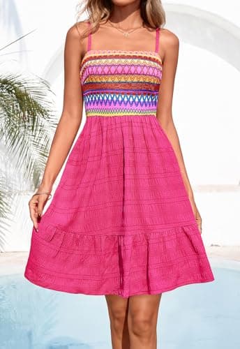 PRETTYGARDEN Womens Dresses Casual Summer Square Neck Spaghetti Strap Lightweight Textured Cami Sun Dress Beach Cover Ups (Rose Red, XX-Large) - Thumbnail 2