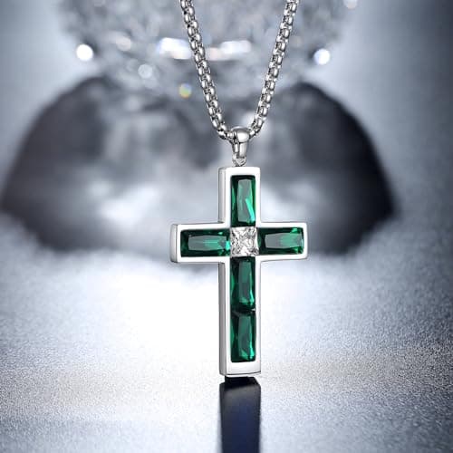 BAMIKI Green Cross Necklace for Men, Created Emerald May Birthstone Cubic Zirconia Large Pendant Silver Stainless Steel Necklace for Women, Faith Jewelry Gifts Mens Box Chain 24 Inch - Thumbnail 2