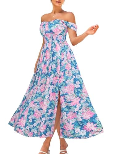 GRACE KARIN Summer Floral Dress for Women 2026,Off the Shoulder Smocked Bridesmaid Dresses,Formal Baby Shower Maxi Dresses Blue Pink M - Image 1