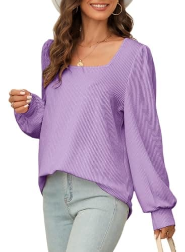 Dokotoo Womens Shirts Fall Casual Long Sleeve Square Neck Solid Pullover Ladies Waffle Striped Knitted Sweatshirt Womens Clothes Autumn Winter Tunic Blouses Purple Large - Image 1