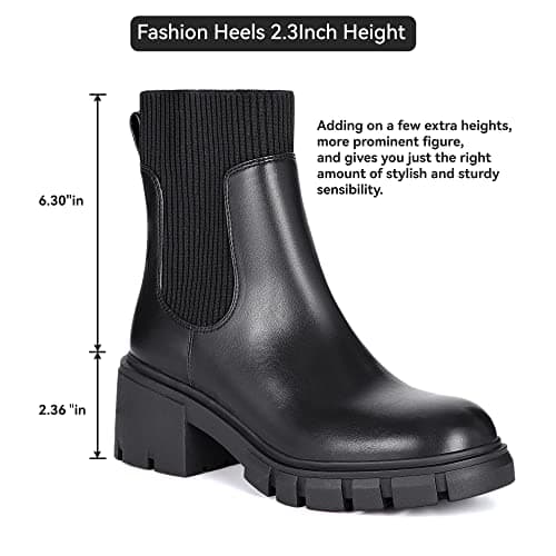 Athlefit Women's Black Chelsea Boots Fall Platform Ankle Boots Slip on Chunky Lug Sole Boots - Thumbnail 5