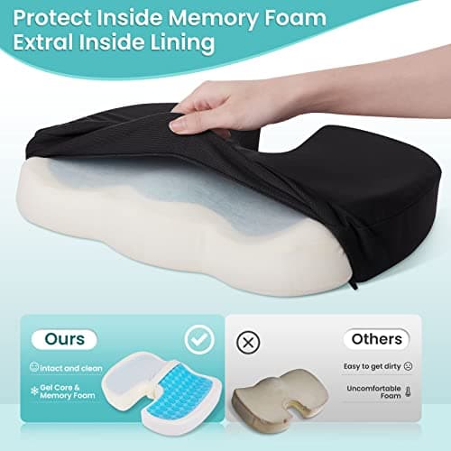 Office Chair Seat Cushion, Cooling Gel Enhanced Memory Foam Cushion for Long Sitting - Back, Sciatica, Coccyx, Tailbone Pain Relief Pillow - for Office, Gaming, Car, Wheelchair - Black, Large - Thumbnail 4
